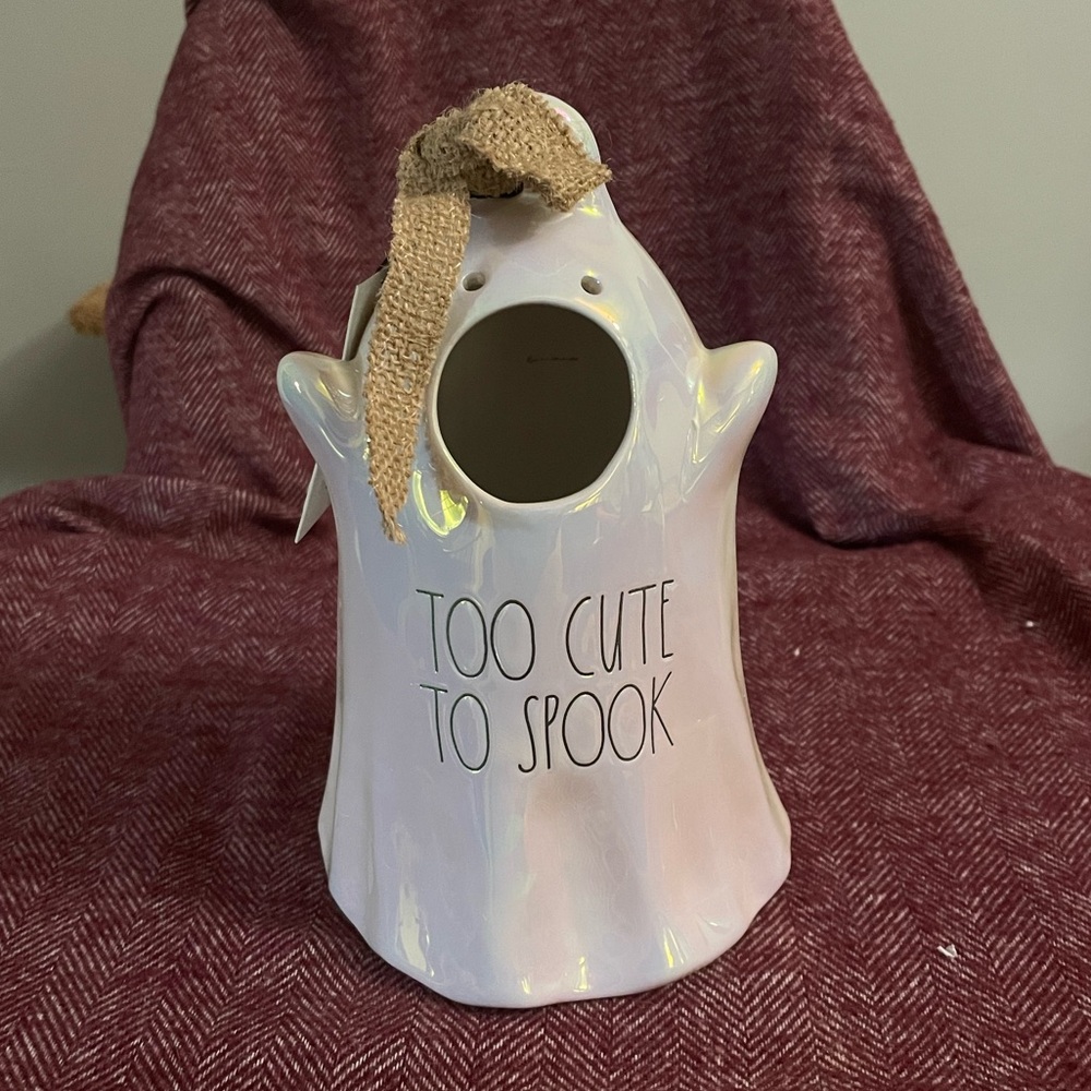 Rae Dunn white, iridescent “Too Cute to Spook” decorative ghost birdhouse.